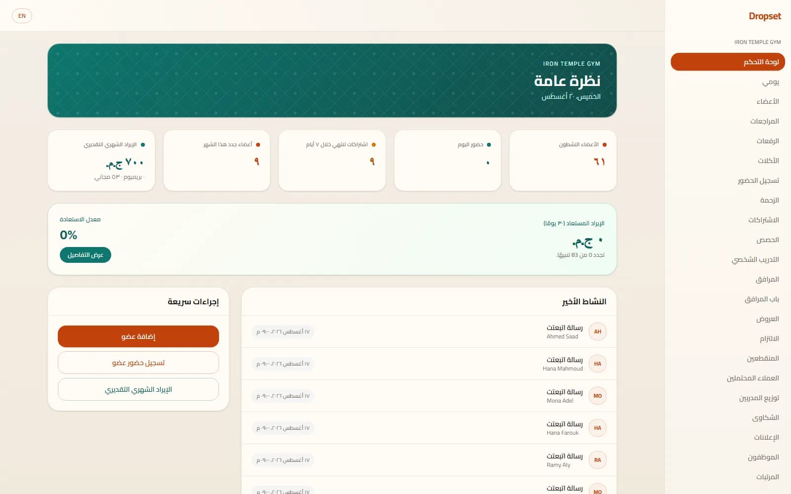 لوحة تحكم Dropset بالعربي: أعضاء نشطين، حضور النهارده، واشتراكات قربت تنتهي